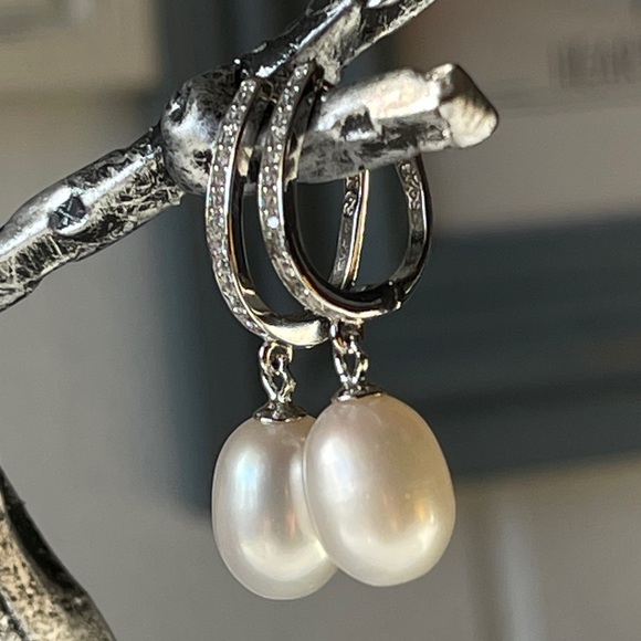 925S Sterling Silver White Cultured Freshwater Pearl Dangle Drop Earrings - Picture 3 of 12